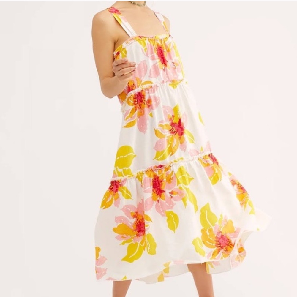 Free People Moonshine Tiered Midi Dress Linen Blend Floral Summer Women’s Large‎